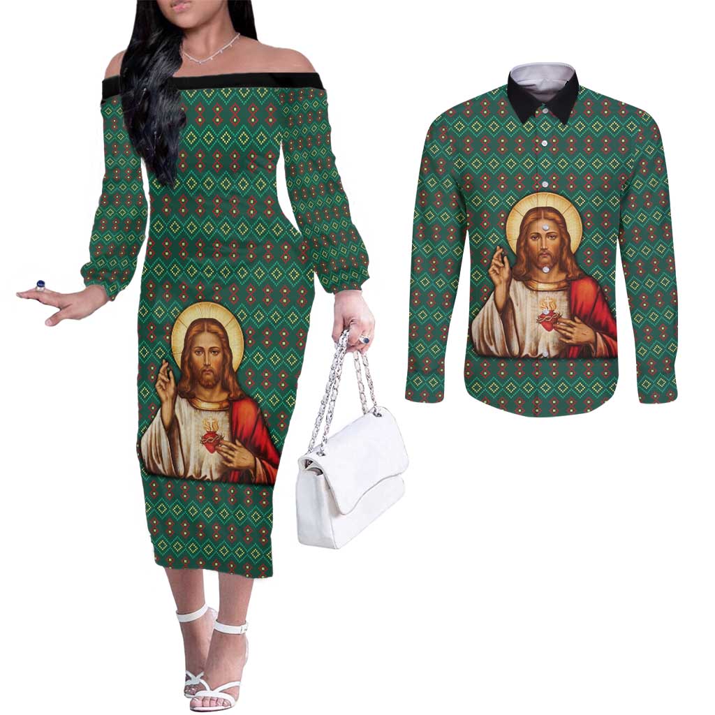 Sacred Heart Jesus Christmas Couples Matching Off The Shoulder Long Sleeve Dress and Long Sleeve Button Shirt with Festive Green Knit Pattern - Wonder Print Shop