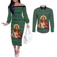 Sacred Heart Jesus Christmas Couples Matching Off The Shoulder Long Sleeve Dress and Long Sleeve Button Shirt with Festive Green Knit Pattern - Wonder Print Shop