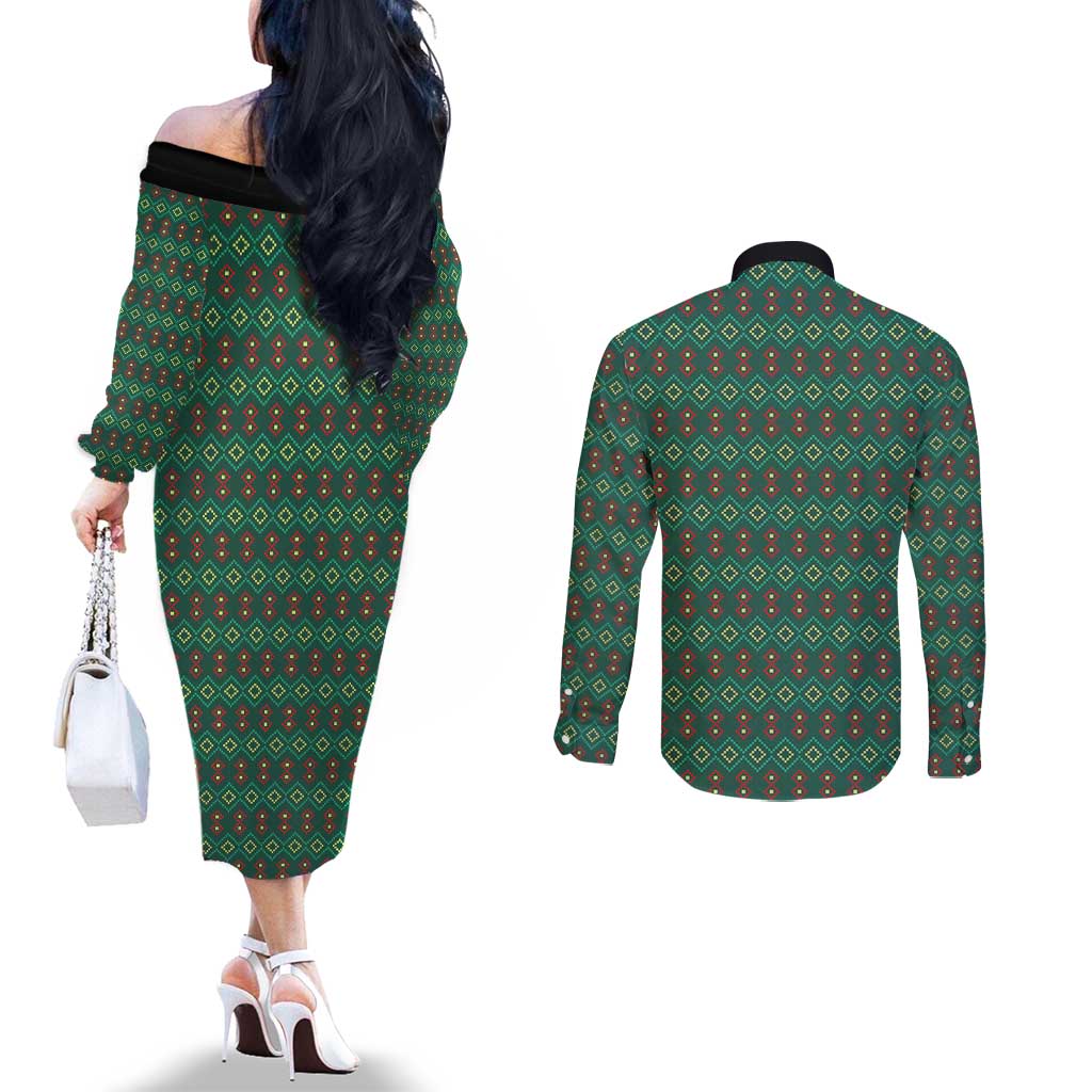 Sacred Heart Jesus Christmas Couples Matching Off The Shoulder Long Sleeve Dress and Long Sleeve Button Shirt with Festive Green Knit Pattern - Wonder Print Shop