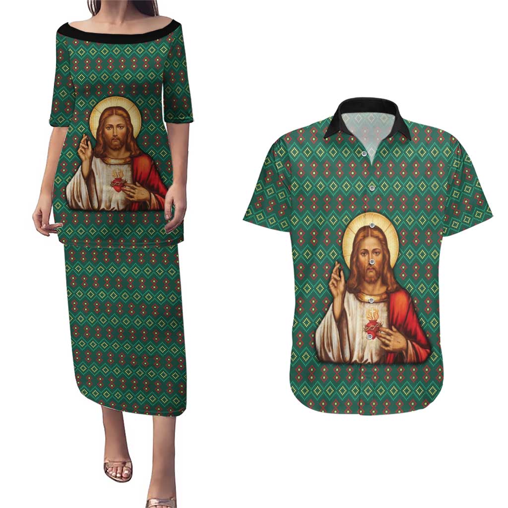 Sacred Heart Jesus Christmas Couples Matching Puletasi and Hawaiian Shirt with Festive Green Knit Pattern - Wonder Print Shop