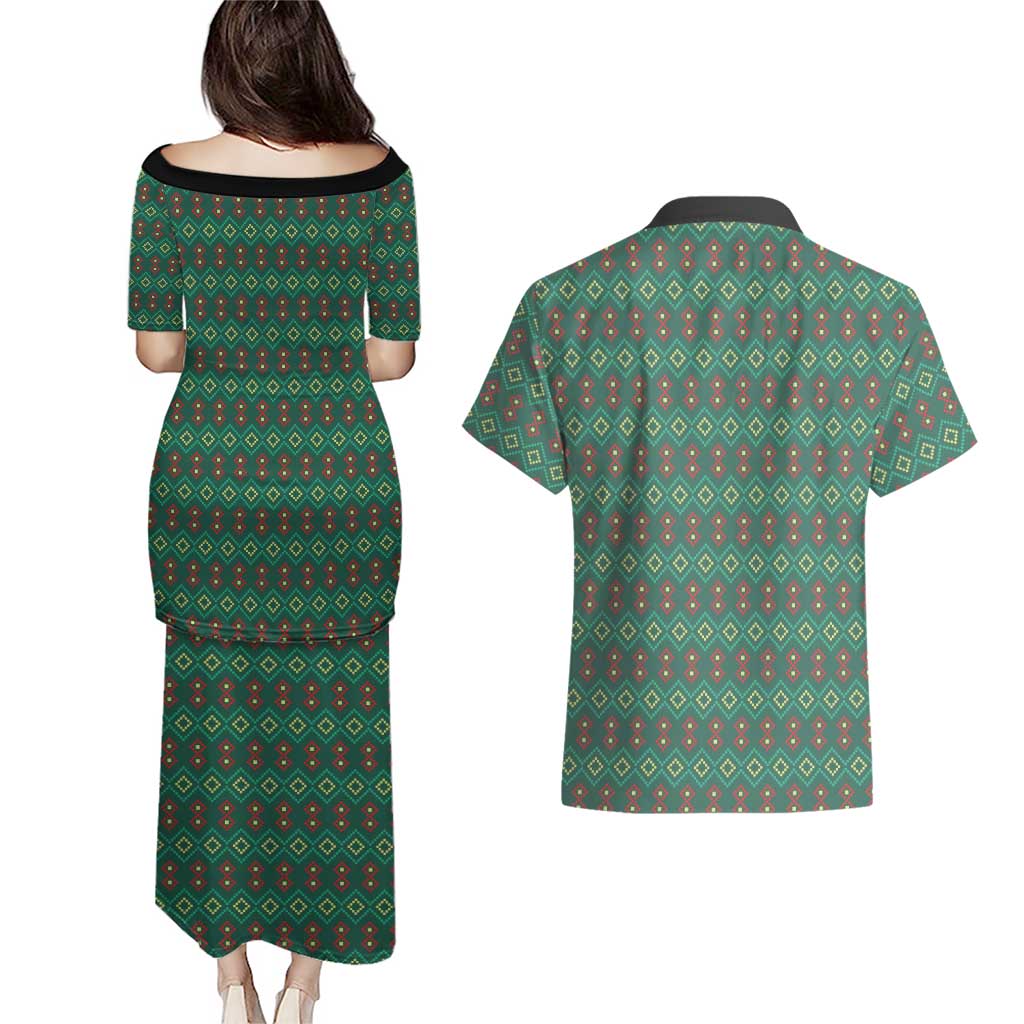 Sacred Heart Jesus Christmas Couples Matching Puletasi and Hawaiian Shirt with Festive Green Knit Pattern - Wonder Print Shop