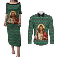 Sacred Heart Jesus Christmas Couples Matching Puletasi and Long Sleeve Button Shirt with Festive Green Knit Pattern - Wonder Print Shop