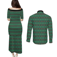 Sacred Heart Jesus Christmas Couples Matching Puletasi and Long Sleeve Button Shirt with Festive Green Knit Pattern - Wonder Print Shop