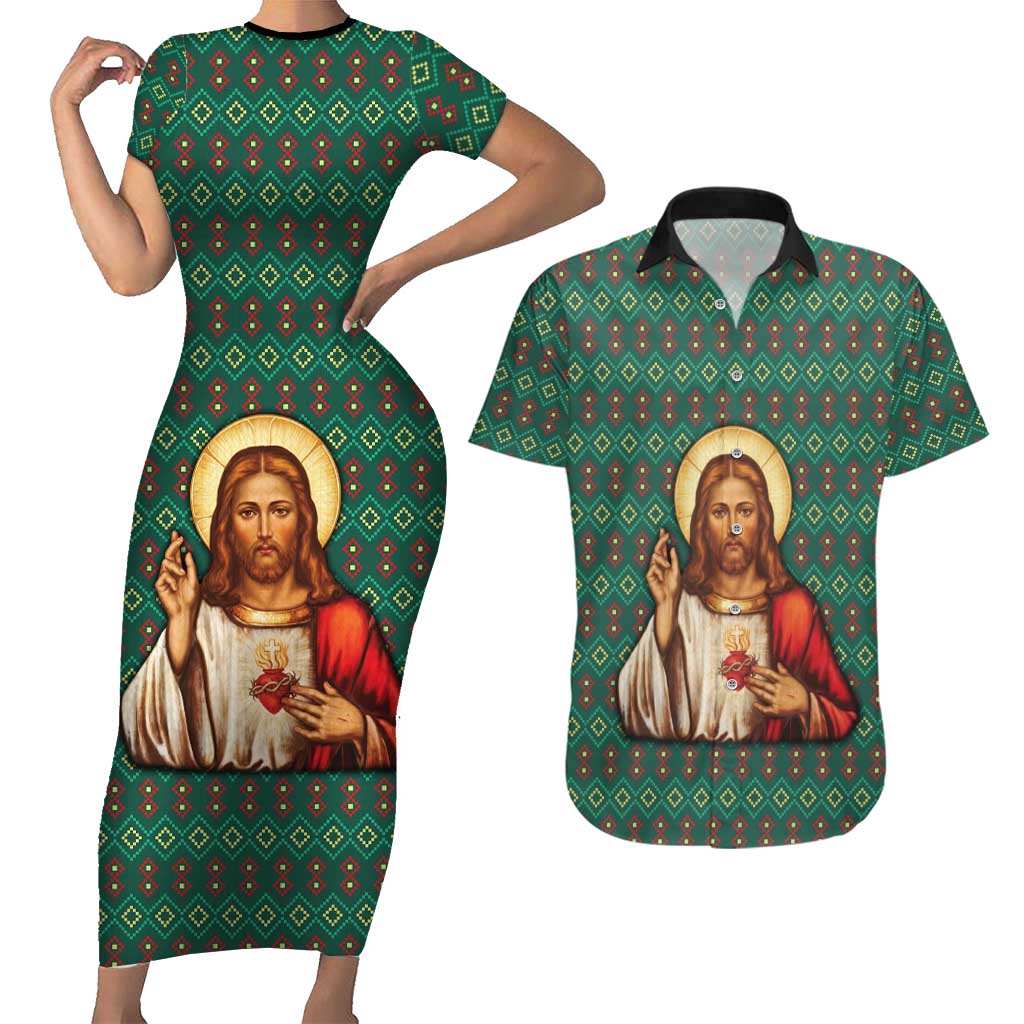 Sacred Heart Jesus Christmas Couples Matching Short Sleeve Bodycon Dress and Hawaiian Shirt with Festive Green Knit Pattern - Wonder Print Shop