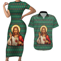 Sacred Heart Jesus Christmas Couples Matching Short Sleeve Bodycon Dress and Hawaiian Shirt with Festive Green Knit Pattern - Wonder Print Shop