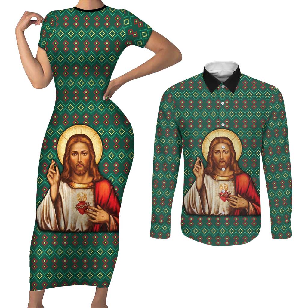 Sacred Heart Jesus Christmas Couples Matching Short Sleeve Bodycon Dress and Long Sleeve Button Shirt with Festive Green Knit Pattern - Wonder Print Shop