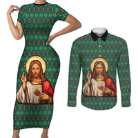 Sacred Heart Jesus Christmas Couples Matching Short Sleeve Bodycon Dress and Long Sleeve Button Shirt with Festive Green Knit Pattern - Wonder Print Shop