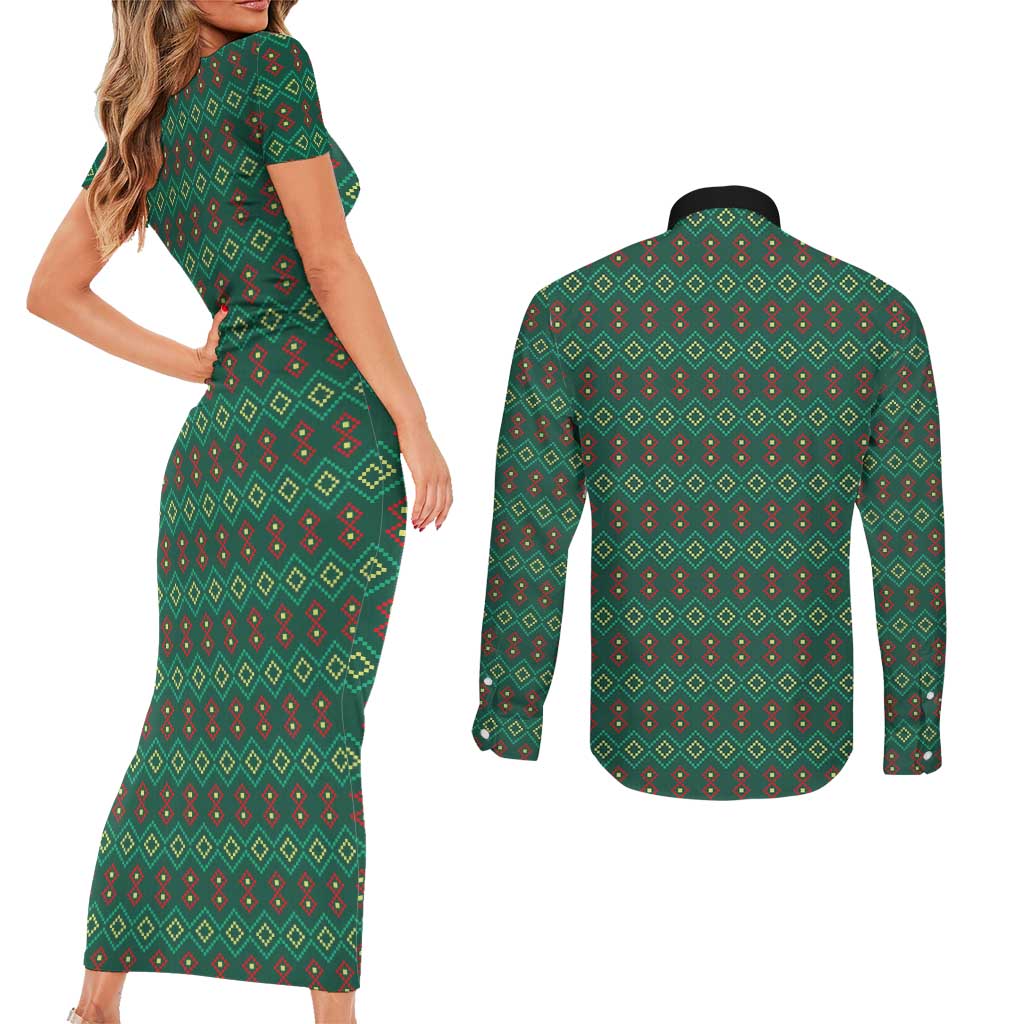 Sacred Heart Jesus Christmas Couples Matching Short Sleeve Bodycon Dress and Long Sleeve Button Shirt with Festive Green Knit Pattern - Wonder Print Shop