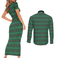 Sacred Heart Jesus Christmas Couples Matching Short Sleeve Bodycon Dress and Long Sleeve Button Shirt with Festive Green Knit Pattern - Wonder Print Shop