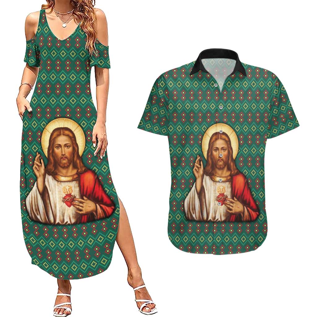 Sacred Heart Jesus Christmas Couples Matching Summer Maxi Dress and Hawaiian Shirt with Festive Green Knit Pattern - Wonder Print Shop
