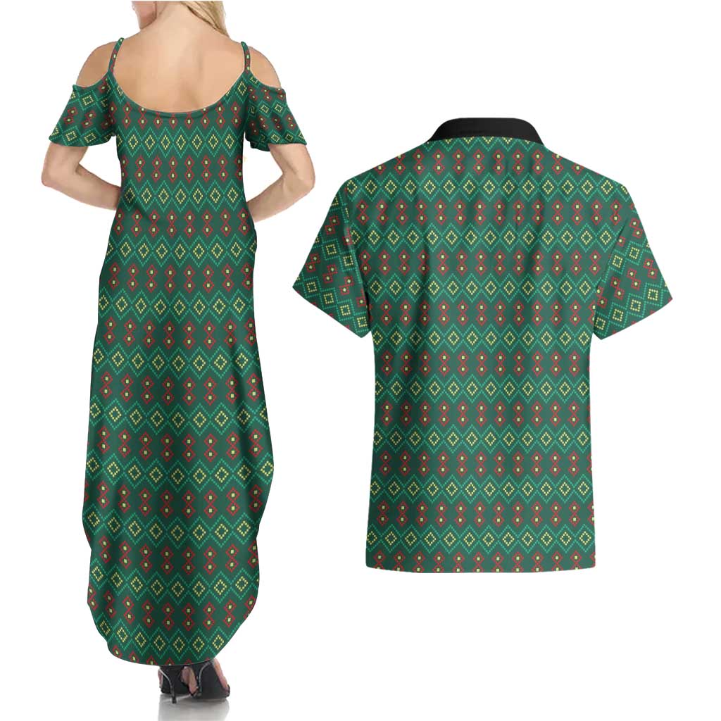 Sacred Heart Jesus Christmas Couples Matching Summer Maxi Dress and Hawaiian Shirt with Festive Green Knit Pattern - Wonder Print Shop