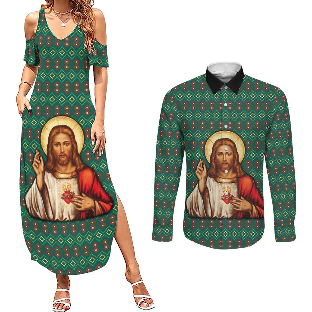 Sacred Heart Jesus Christmas Couples Matching Summer Maxi Dress and Long Sleeve Button Shirt with Festive Green Knit Pattern - Wonder Print Shop