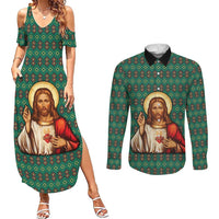 Sacred Heart Jesus Christmas Couples Matching Summer Maxi Dress and Long Sleeve Button Shirt with Festive Green Knit Pattern - Wonder Print Shop