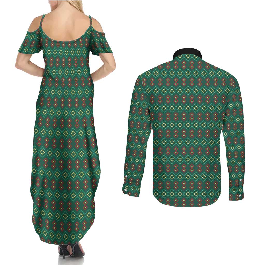 Sacred Heart Jesus Christmas Couples Matching Summer Maxi Dress and Long Sleeve Button Shirt with Festive Green Knit Pattern - Wonder Print Shop
