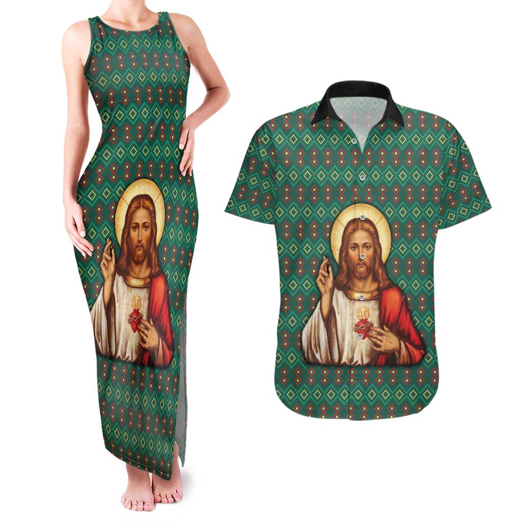 Sacred Heart Jesus Christmas Couples Matching Tank Maxi Dress and Hawaiian Shirt with Festive Green Knit Pattern - Wonder Print Shop