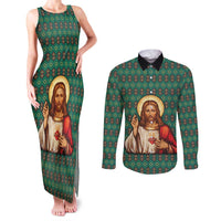 Sacred Heart Jesus Christmas Couples Matching Tank Maxi Dress and Long Sleeve Button Shirt with Festive Green Knit Pattern - Wonder Print Shop