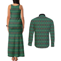 Sacred Heart Jesus Christmas Couples Matching Tank Maxi Dress and Long Sleeve Button Shirt with Festive Green Knit Pattern - Wonder Print Shop