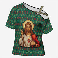 Sacred Heart Jesus Christmas Cross Shoulder Shirt with Festive Green Knit Pattern - Wonder Print Shop