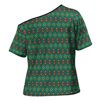 Sacred Heart Jesus Christmas Cross Shoulder Shirt with Festive Green Knit Pattern - Wonder Print Shop