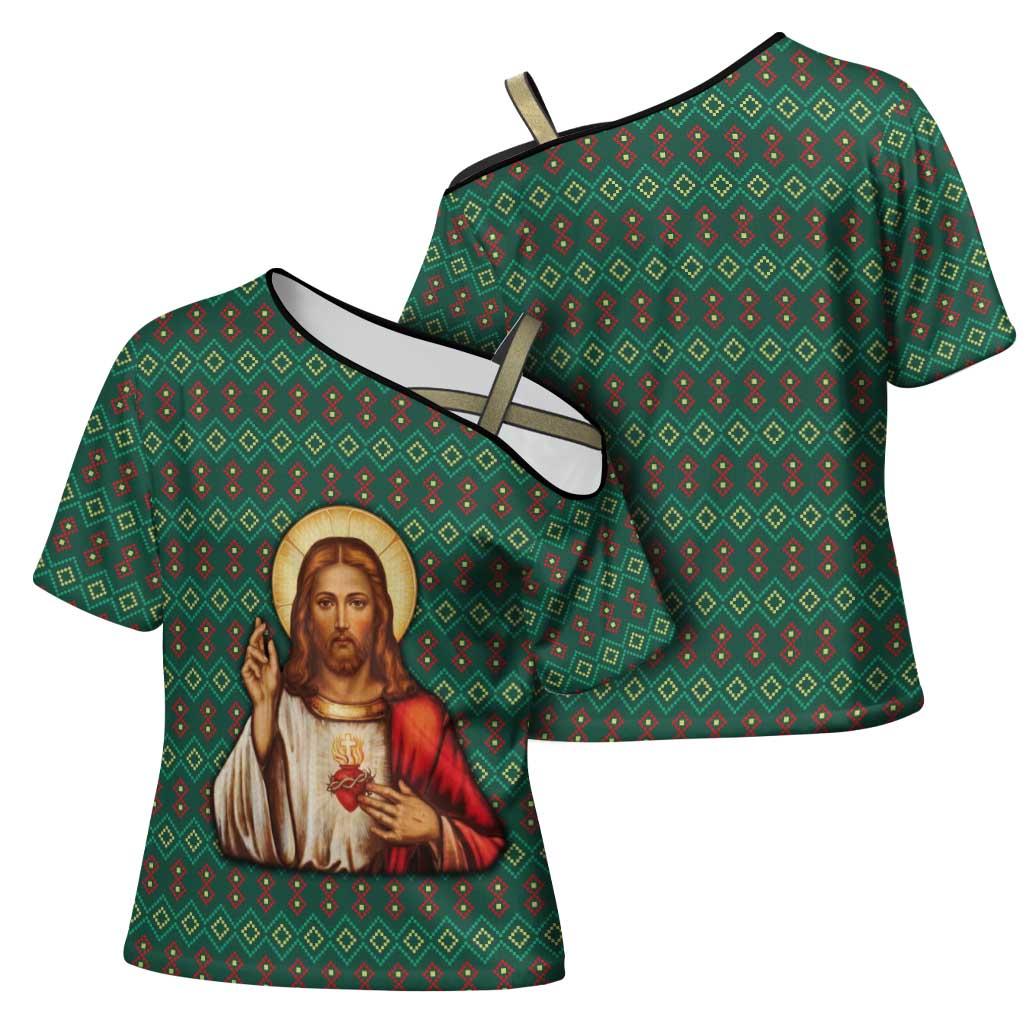 Sacred Heart Jesus Christmas Cross Shoulder Shirt with Festive Green Knit Pattern - Wonder Print Shop