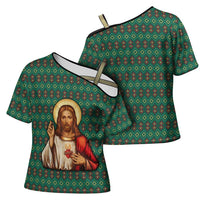 Sacred Heart Jesus Christmas Cross Shoulder Shirt with Festive Green Knit Pattern - Wonder Print Shop