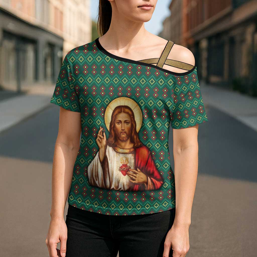 Sacred Heart Jesus Christmas Cross Shoulder Shirt with Festive Green Knit Pattern - Wonder Print Shop