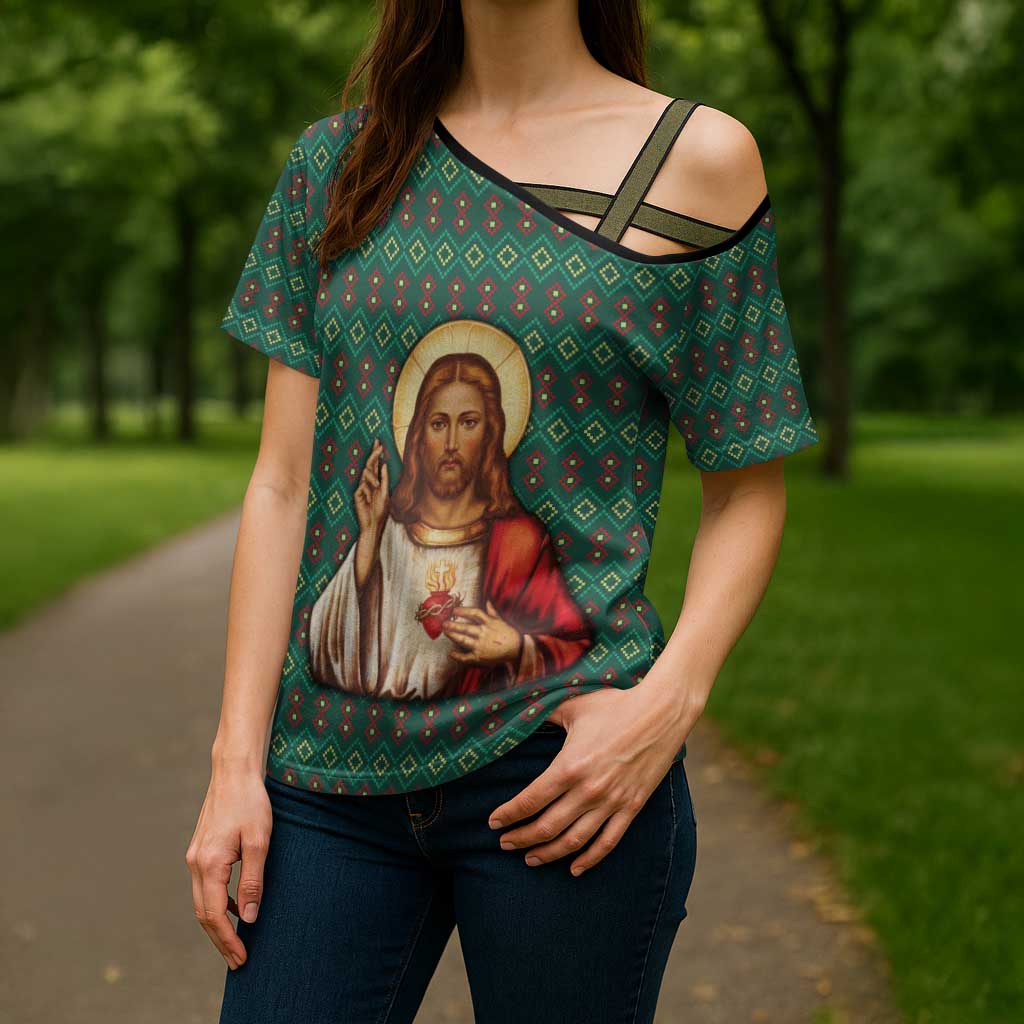 Sacred Heart Jesus Christmas Cross Shoulder Shirt with Festive Green Knit Pattern - Wonder Print Shop