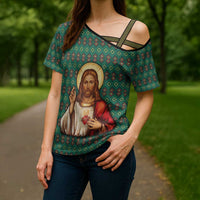 Sacred Heart Jesus Christmas Cross Shoulder Shirt with Festive Green Knit Pattern - Wonder Print Shop