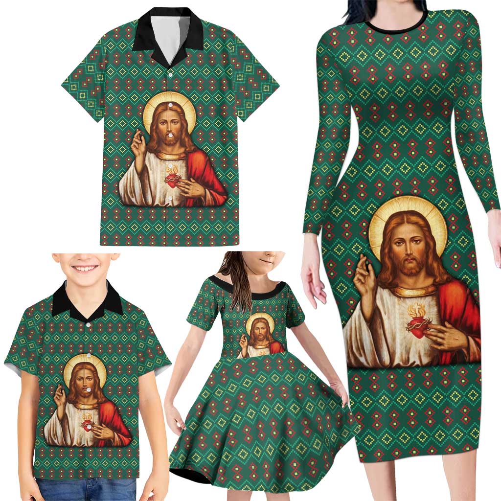 Sacred Heart Jesus Christmas Family Matching Long Sleeve Bodycon Dress and Hawaiian Shirt with Festive Green Knit Pattern - Wonder Print Shop