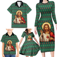 Sacred Heart Jesus Christmas Family Matching Long Sleeve Bodycon Dress and Hawaiian Shirt with Festive Green Knit Pattern - Wonder Print Shop