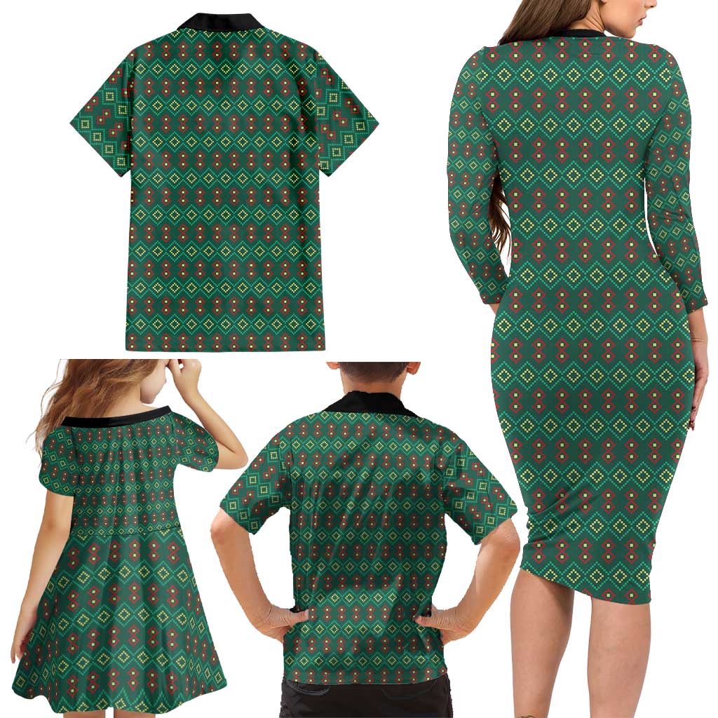 Sacred Heart Jesus Christmas Family Matching Long Sleeve Bodycon Dress and Hawaiian Shirt with Festive Green Knit Pattern - Wonder Print Shop