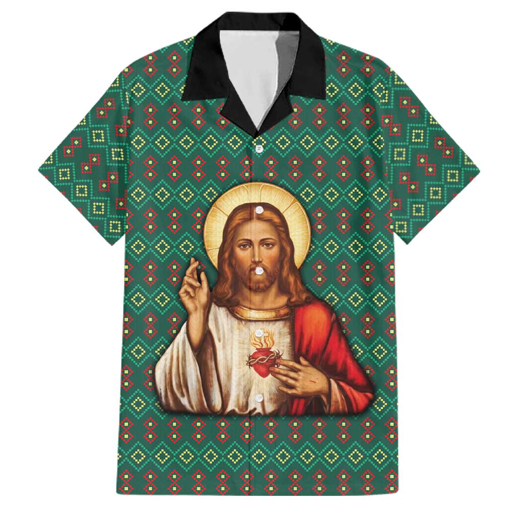 Sacred Heart Jesus Christmas Family Matching Long Sleeve Bodycon Dress and Hawaiian Shirt with Festive Green Knit Pattern - Wonder Print Shop