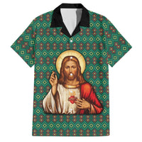 Sacred Heart Jesus Christmas Family Matching Long Sleeve Bodycon Dress and Hawaiian Shirt with Festive Green Knit Pattern - Wonder Print Shop