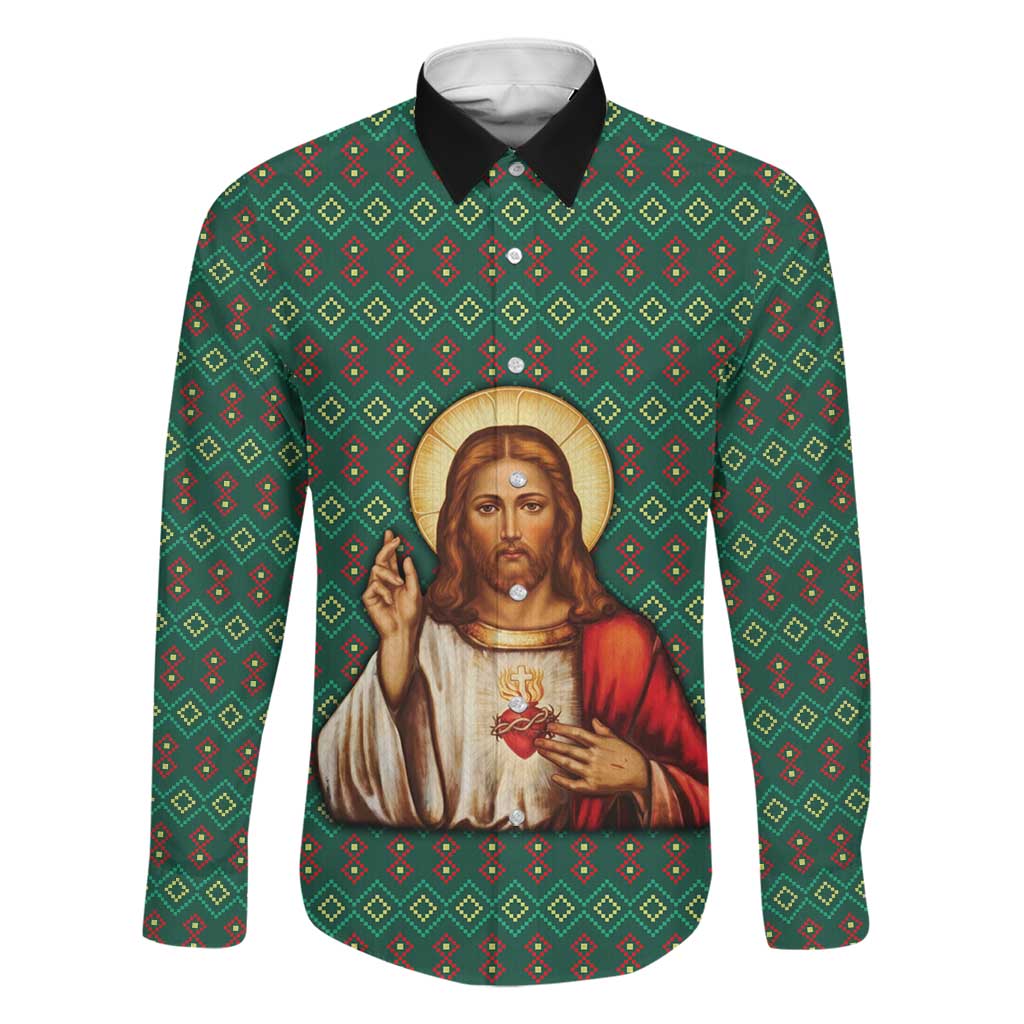 Sacred Heart Jesus Christmas Family Matching Long Sleeve Bodycon Dress and Hawaiian Shirt with Festive Green Knit Pattern - Wonder Print Shop