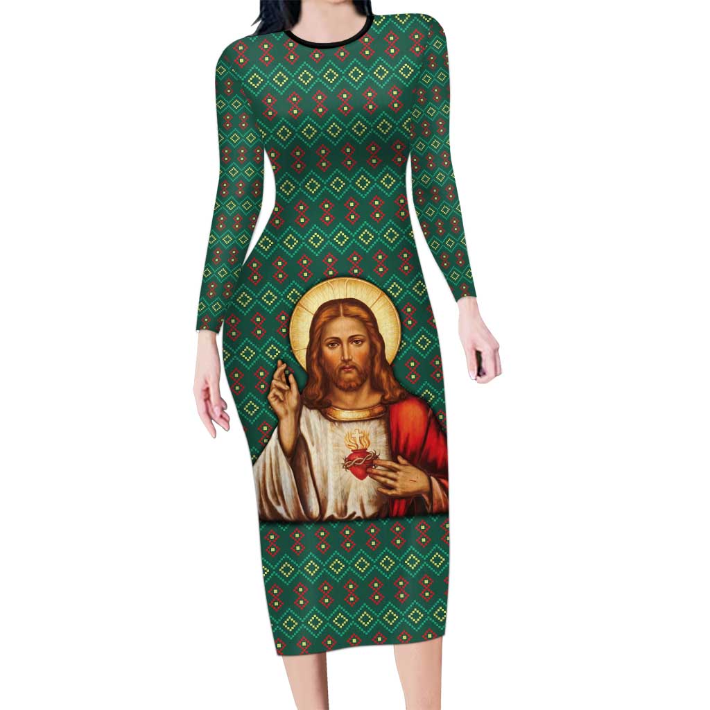 Sacred Heart Jesus Christmas Family Matching Long Sleeve Bodycon Dress and Hawaiian Shirt with Festive Green Knit Pattern - Wonder Print Shop