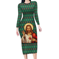 Sacred Heart Jesus Christmas Family Matching Long Sleeve Bodycon Dress and Hawaiian Shirt with Festive Green Knit Pattern - Wonder Print Shop