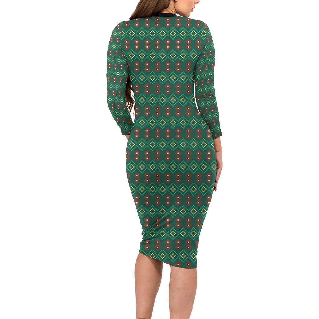 Sacred Heart Jesus Christmas Family Matching Long Sleeve Bodycon Dress and Hawaiian Shirt with Festive Green Knit Pattern - Wonder Print Shop