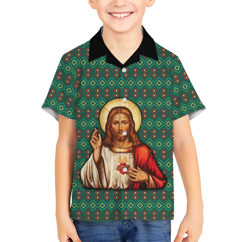 Sacred Heart Jesus Christmas Family Matching Long Sleeve Bodycon Dress and Hawaiian Shirt with Festive Green Knit Pattern - Wonder Print Shop