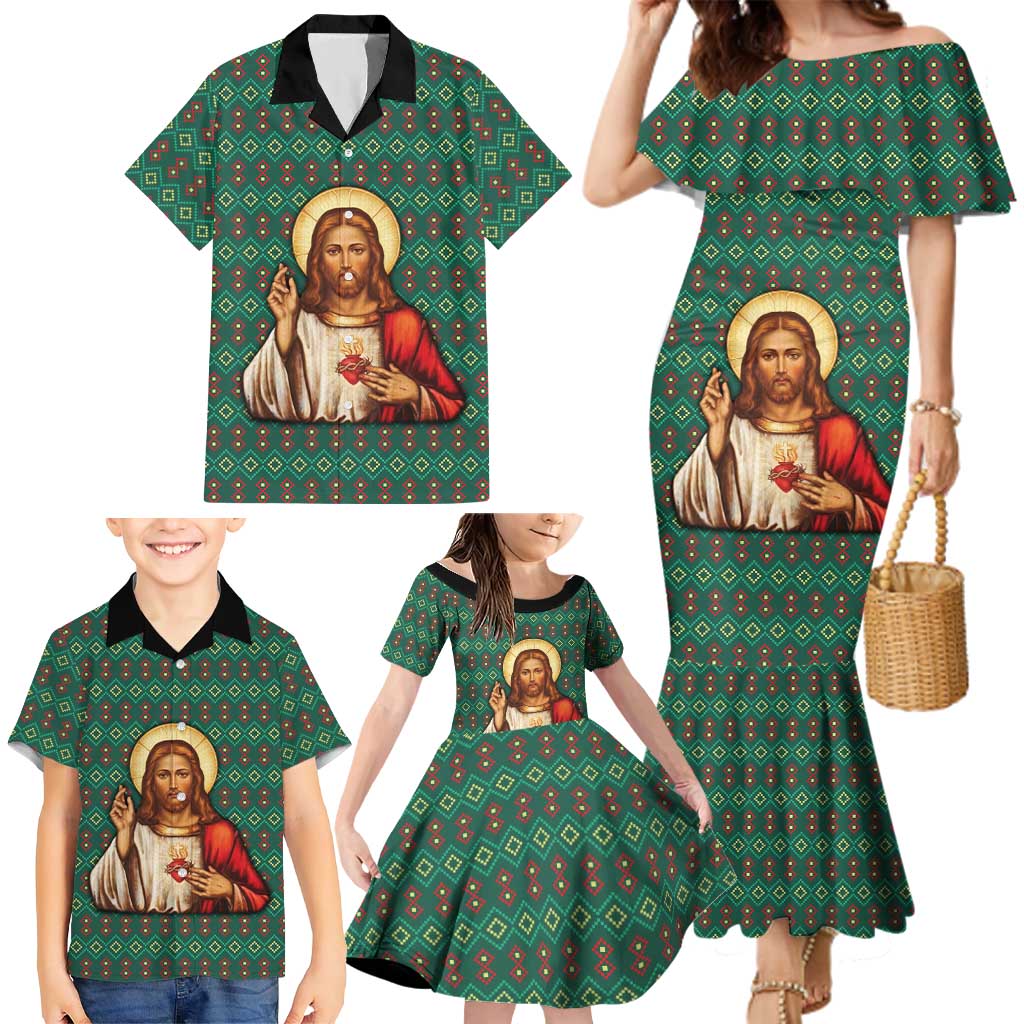 Sacred Heart Jesus Christmas Family Matching Mermaid Dress and Hawaiian Shirt with Festive Green Knit Pattern - Wonder Print Shop