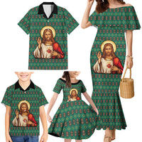 Sacred Heart Jesus Christmas Family Matching Mermaid Dress and Hawaiian Shirt with Festive Green Knit Pattern - Wonder Print Shop