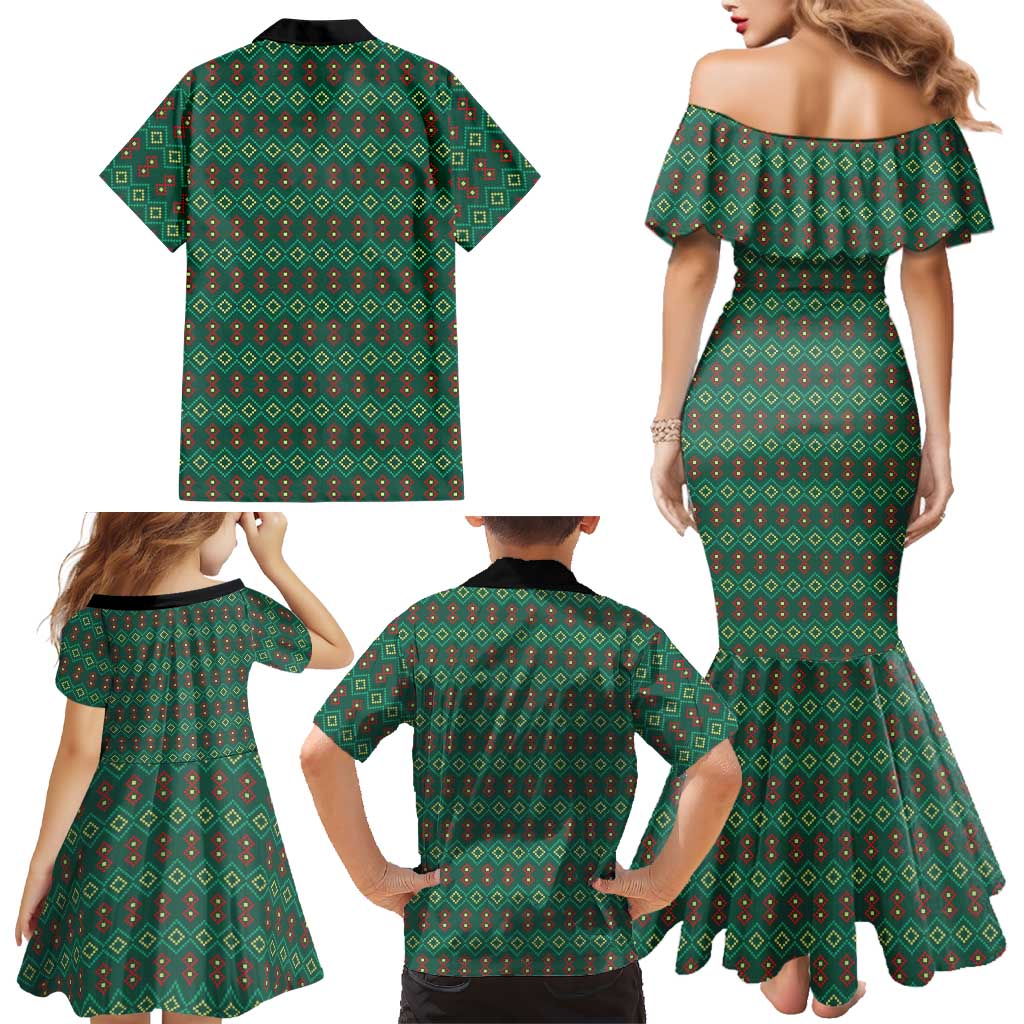 Sacred Heart Jesus Christmas Family Matching Mermaid Dress and Hawaiian Shirt with Festive Green Knit Pattern - Wonder Print Shop