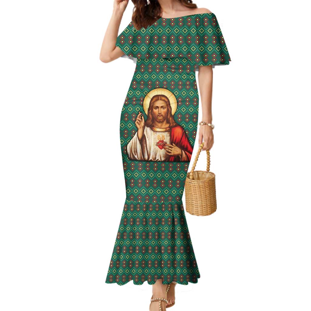 Sacred Heart Jesus Christmas Family Matching Mermaid Dress and Hawaiian Shirt with Festive Green Knit Pattern - Wonder Print Shop
