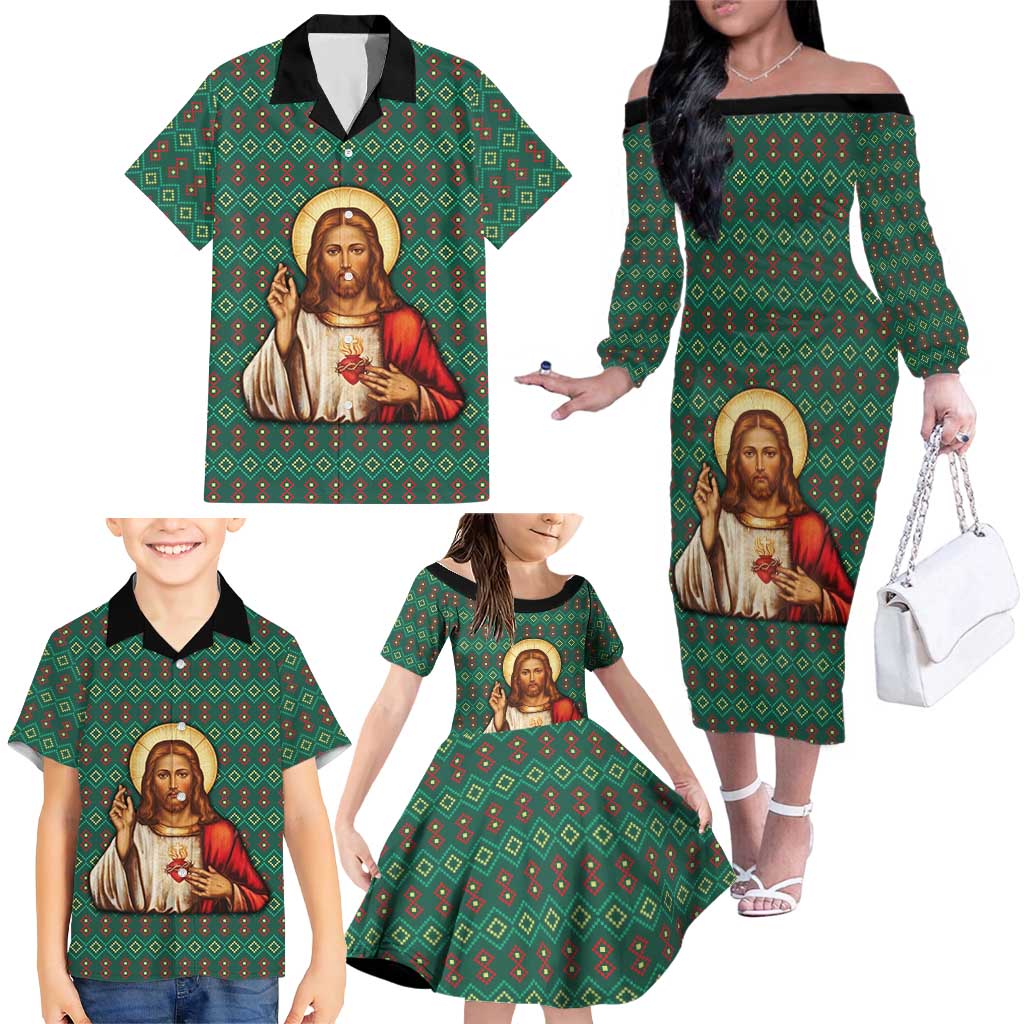 Sacred Heart Jesus Christmas Family Matching Off The Shoulder Long Sleeve Dress and Hawaiian Shirt with Festive Green Knit Pattern - Wonder Print Shop
