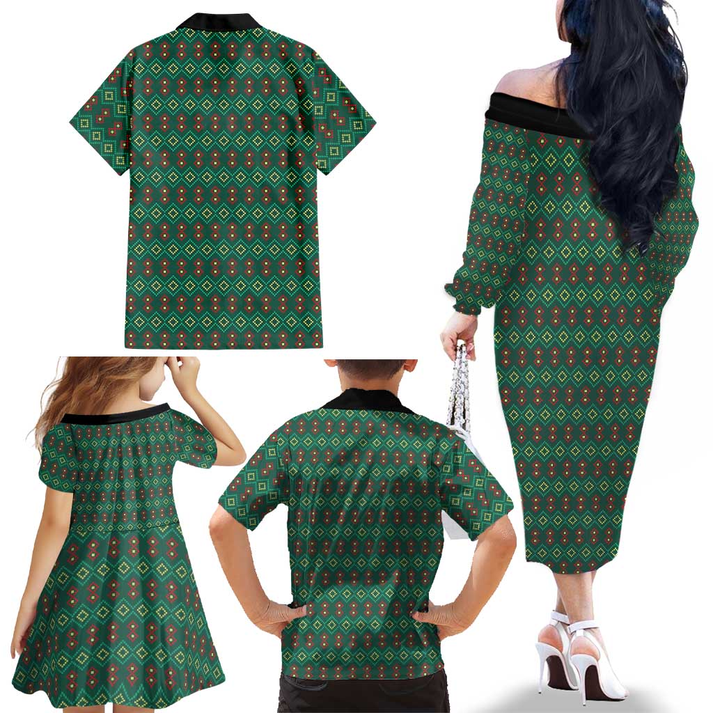 Sacred Heart Jesus Christmas Family Matching Off The Shoulder Long Sleeve Dress and Hawaiian Shirt with Festive Green Knit Pattern - Wonder Print Shop
