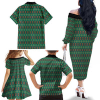 Sacred Heart Jesus Christmas Family Matching Off The Shoulder Long Sleeve Dress and Hawaiian Shirt with Festive Green Knit Pattern - Wonder Print Shop