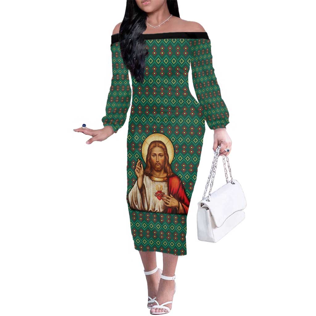 Sacred Heart Jesus Christmas Family Matching Off The Shoulder Long Sleeve Dress and Hawaiian Shirt with Festive Green Knit Pattern - Wonder Print Shop