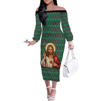 Sacred Heart Jesus Christmas Family Matching Off The Shoulder Long Sleeve Dress and Hawaiian Shirt with Festive Green Knit Pattern - Wonder Print Shop