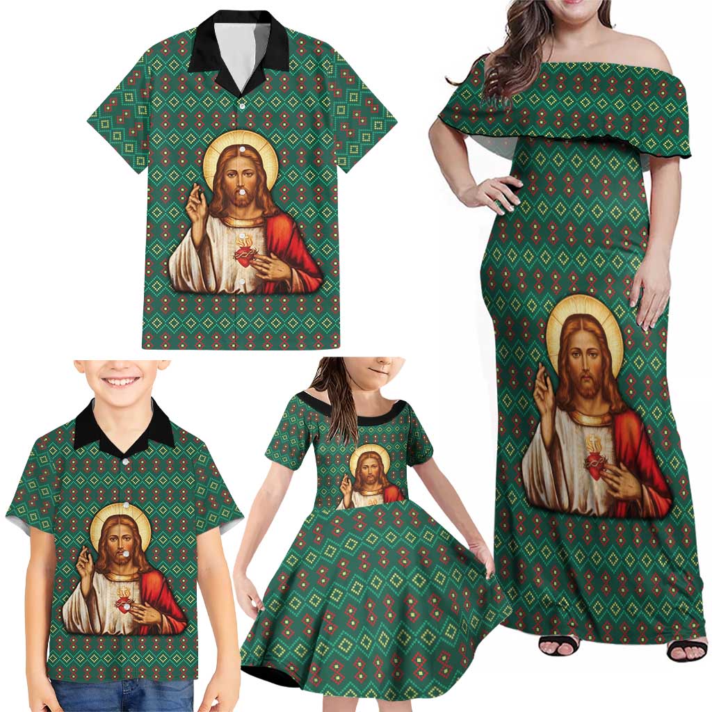 Sacred Heart Jesus Christmas Family Matching Off Shoulder Maxi Dress and Hawaiian Shirt with Festive Green Knit Pattern - Wonder Print Shop