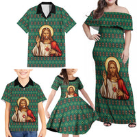 Sacred Heart Jesus Christmas Family Matching Off Shoulder Maxi Dress and Hawaiian Shirt with Festive Green Knit Pattern - Wonder Print Shop