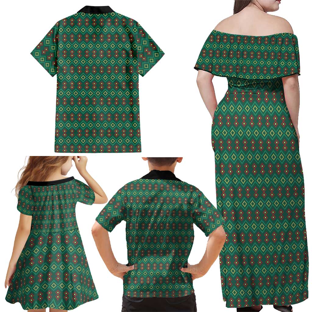Sacred Heart Jesus Christmas Family Matching Off Shoulder Maxi Dress and Hawaiian Shirt with Festive Green Knit Pattern - Wonder Print Shop